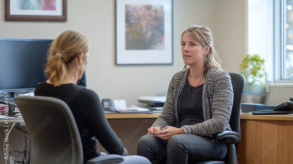 A Professional Conversation Between Two Women in an Office Setting Focused on Collaboration and Support During a Work-Related Discussion A Professional Conversation Between Two Women in an Office Setting Focused on Collaboration and Support During a Work-Related Discussion