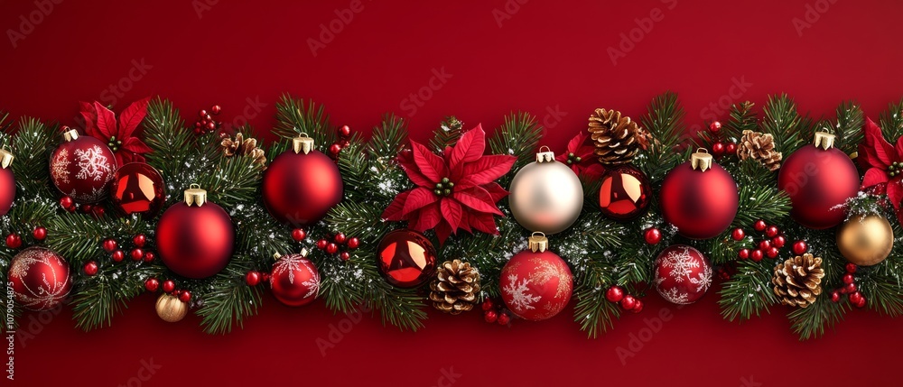 A red and white Christmas wreath with many red and gold ornaments A red and white Christmas wreath with many red and gold ornaments