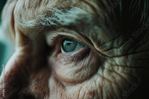 Close-up of an elderly person’s face, with wrinkles and a gentle expression photo