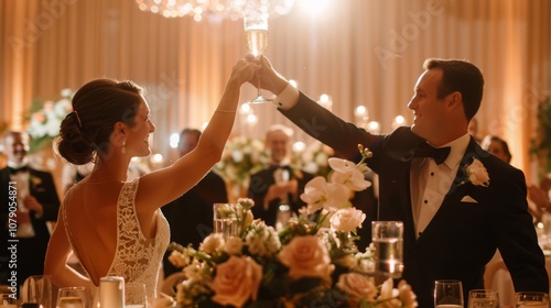 A joyful couple toasting during a romantic wedding reception, surrounded by beautiful flowers and elegant decor.