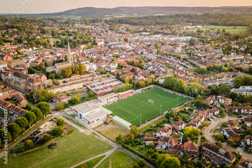 Quadro su tela Dorking, Surrey, UK- Aerial view of Dorking Wanderers FC stadium and town centre