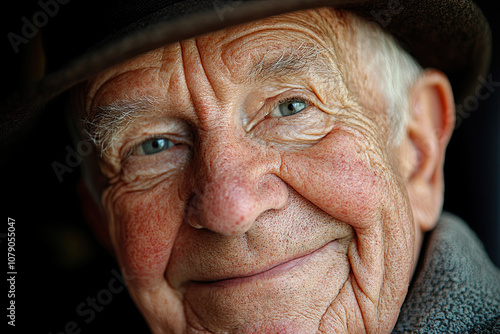 Close-up of an elderly person’s face, with wrinkles and a gentle expression photo