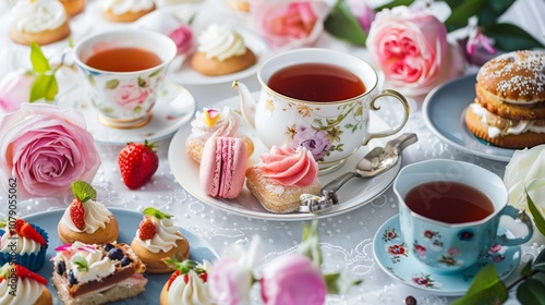 Wallpaper Mural A delightful afternoon tea spread featuring various pastries, cakes, and floral arrangements on a beautifully set table. Torontodigital.ca