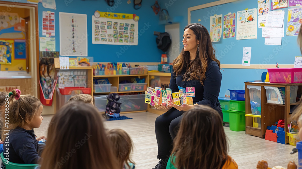 A Teacher Engaging Preschool Children With a Colorful Storybook in a Vibrant Classroom Filled With Educational Materials During a Morning Session