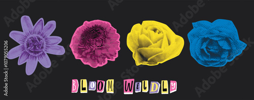 Grunge halftone flowers cutouts. Collage elements, bright colors stickers on dark background. Ransom font lettering bloom wildly. Rose, passiflora and chrysanth.