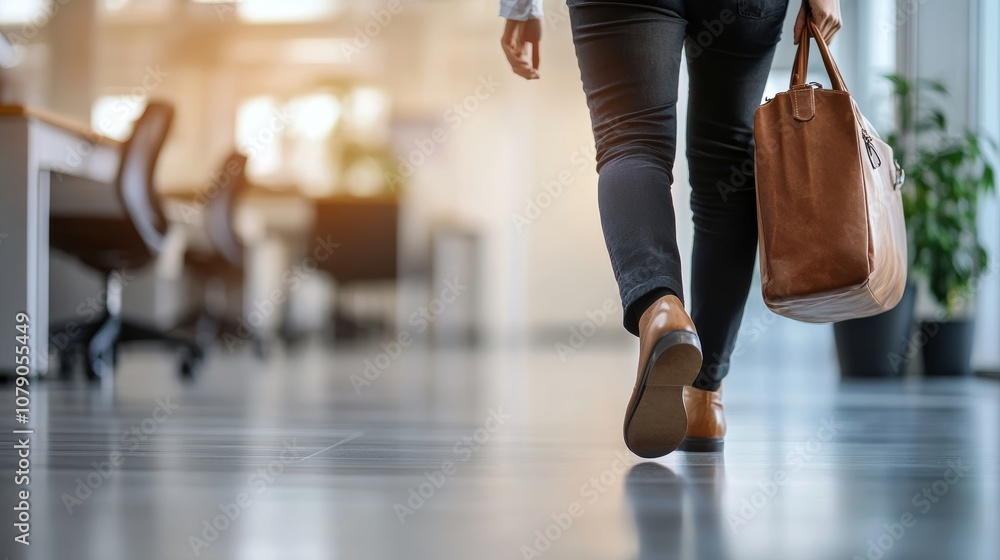 Fototapeta premium Person Leaving Office with Bag in Hand