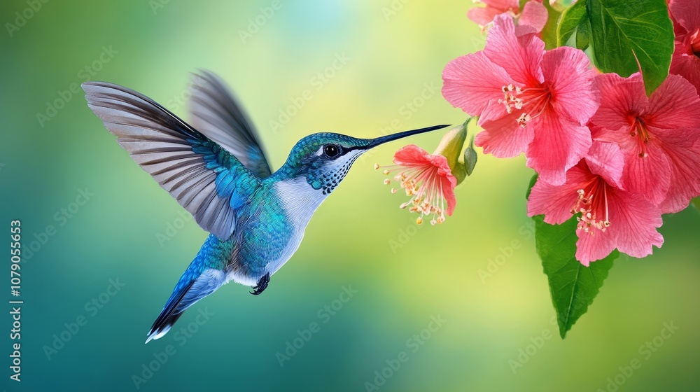 Fototapeta premium Hummingbird Feeding on Pink Hibiscus Flowers Nature Photography