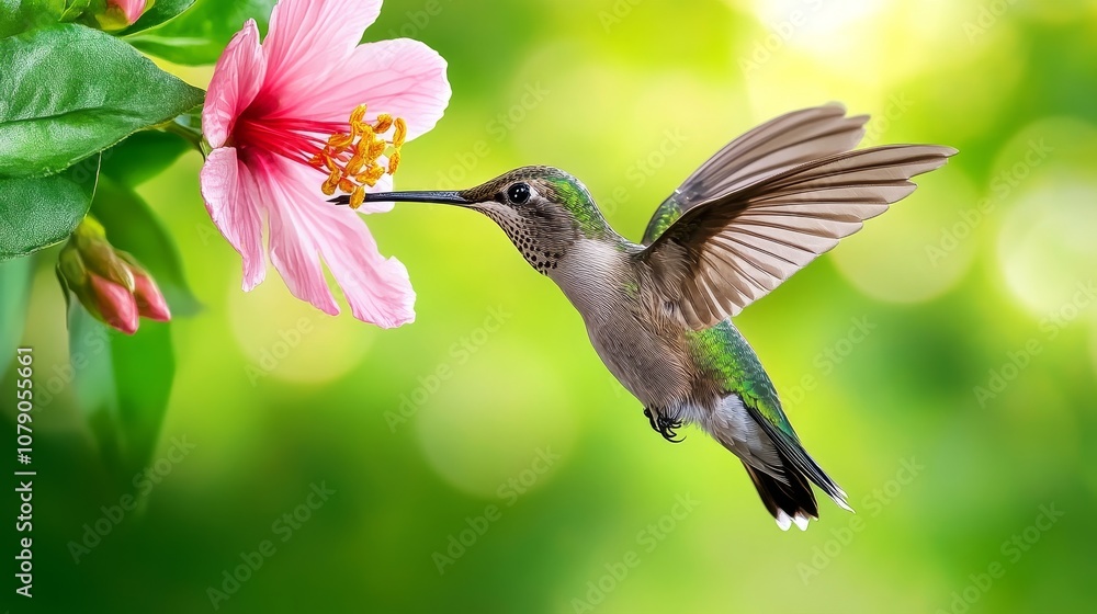 Fototapeta premium Hummingbird Feeding on Pink Hibiscus Flower Spring Nature Wildlife