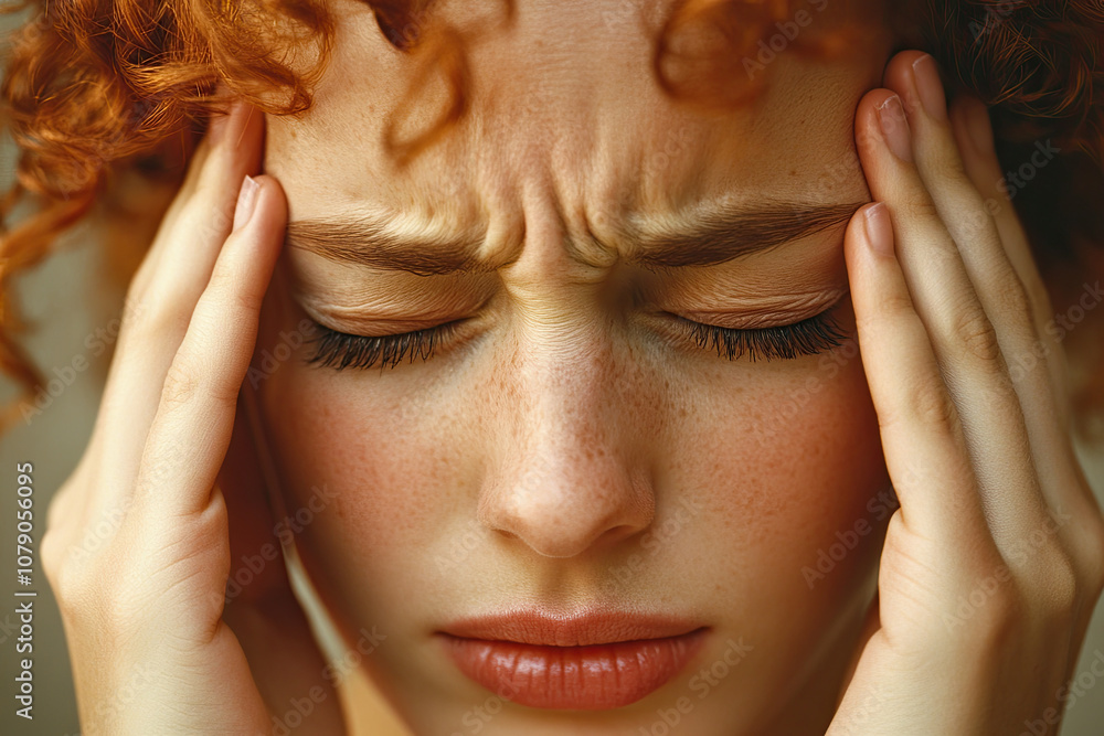 Fototapeta premium A close-up of a stressed employee’s face, rubbing their temples in frustration