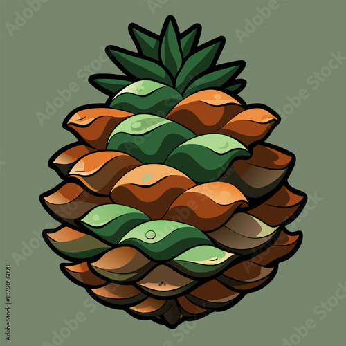 Cartoon Pine Cone Illustration - Green & Brown Scales - Vector Graphic. photo