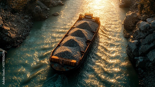 A cargo barge navigates a serene river at sunset, carrying gravel and providing a picturesque view of transportation and nature's beauty.