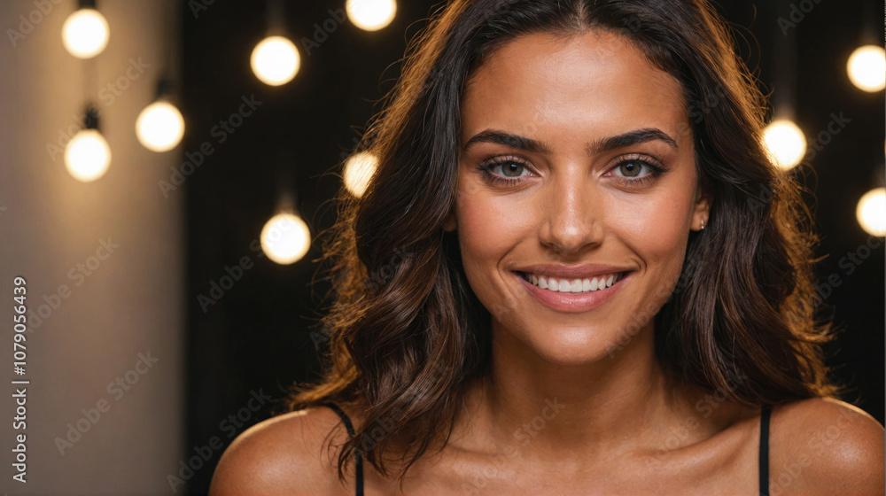A woman smiles brightly in front of a backdrop of glowing lights A woman smiles brightly in front of a backdrop of glowing lights