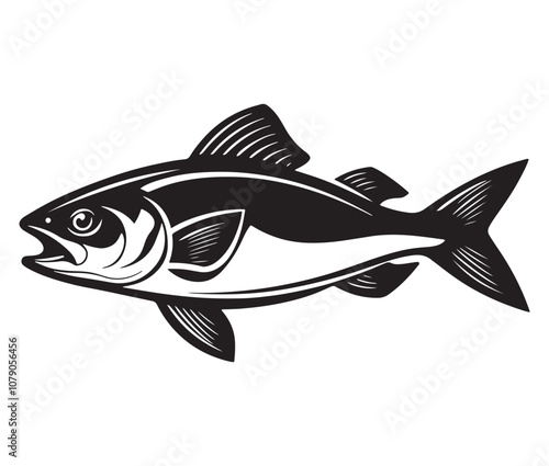 Sea cod fish on a white background, Tuna fish silhouette vector illustration, Sea fish silhouette icon