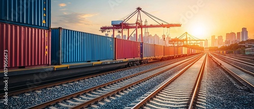 A scenic view of a railway yard at sunset, featuring colorful shipping containers and a serene track leading into the horizon, symbolizing trade and movement. photo