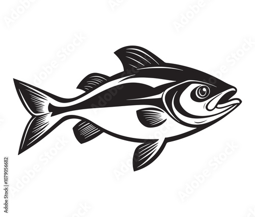Sea cod fish on a white background, Tuna fish silhouette vector illustration, Sea fish silhouette icon