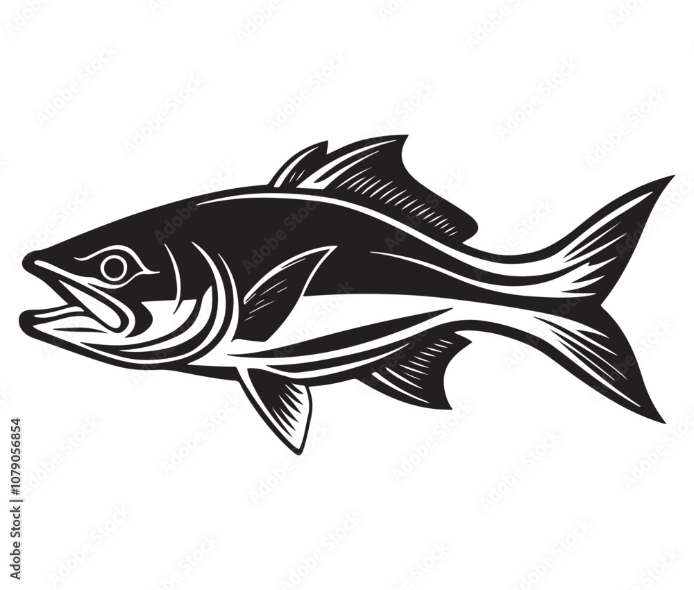 Fototapeta premium Sea cod fish on a white background, Tuna fish silhouette vector illustration, Sea fish silhouette icon