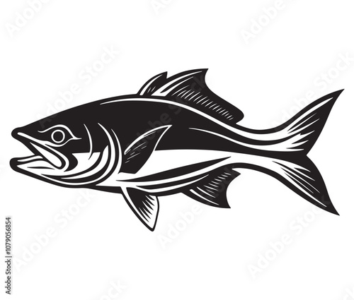 Sea cod fish on a white background, Tuna fish silhouette vector illustration, Sea fish silhouette icon