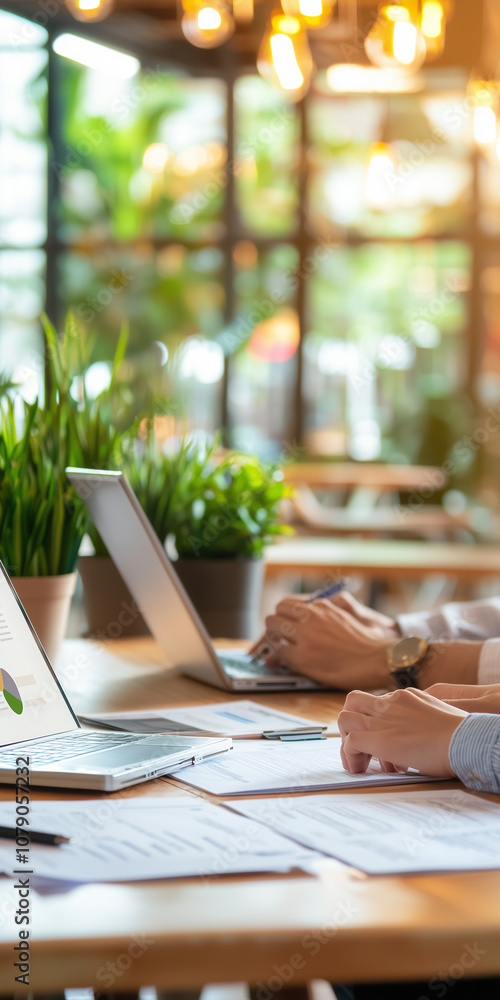Couple Engaging in a Relaxed Real Estate Discussion While Reviewing Paperwork in a Chic Coffee Shop Surrounded by Greenery Couple Engaging in a Relaxed Real Estate Discussion While Reviewing Paperwork in a Chic Coffee Shop Surrounded by Greenery