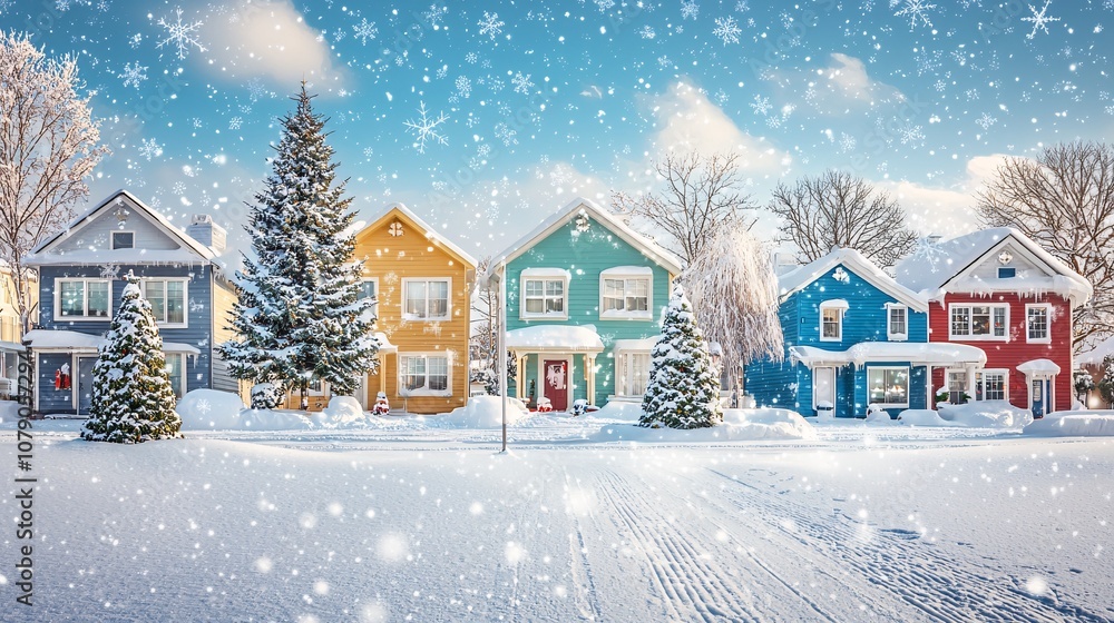 A picturesque winter scene showcasing colorful houses blanketed in snow, creating a whimsical atmosphere under a clear blue sky with gentle snowfall.