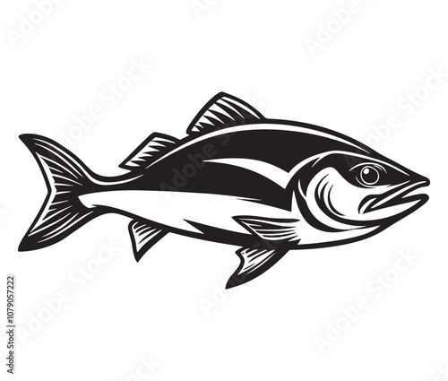 Sea cod fish on a white background, Tuna fish silhouette vector illustration, Sea fish silhouette icon