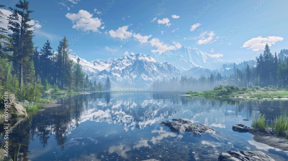 Breathtaking Alpine Landscape with Pristine Mirror-Like Lake Reflecting Snow-Capped Mountains and Lush Evergreens, Clear Blue Sky and Fluffy Clouds, Illuminated by Warm Sunlight.