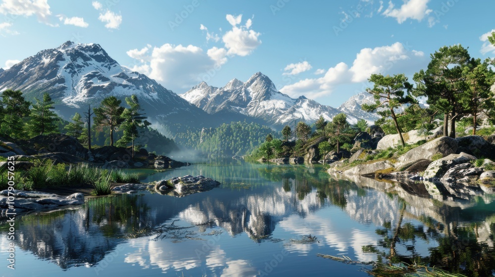 Breathtaking Alpine Landscape with Pristine Mirror-Like Lake Reflecting Snow-Capped Mountains and Lush Evergreens, Clear Blue Sky and Fluffy Clouds, Illuminated by Warm Sunlight. Breathtaking Alpine Landscape with Pristine Mirror-Like Lake Reflecting Snow-Capped Mountains and Lush Evergreens, Clear Blue Sky and Fluffy Clouds, Illuminated by Warm Sunlight.