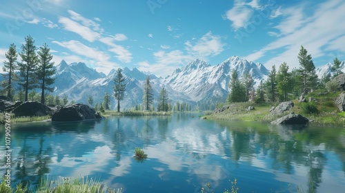 Breathtaking Alpine Landscape with Pristine Mirror-Like Lake Reflecting Snow-Capped Mountains and Lush Evergreens, Clear Blue Sky and Fluffy Clouds, Illuminated by Warm Sunlight.