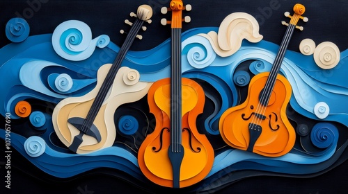 Blue Waves Paper Art Violin Music Abstract Background