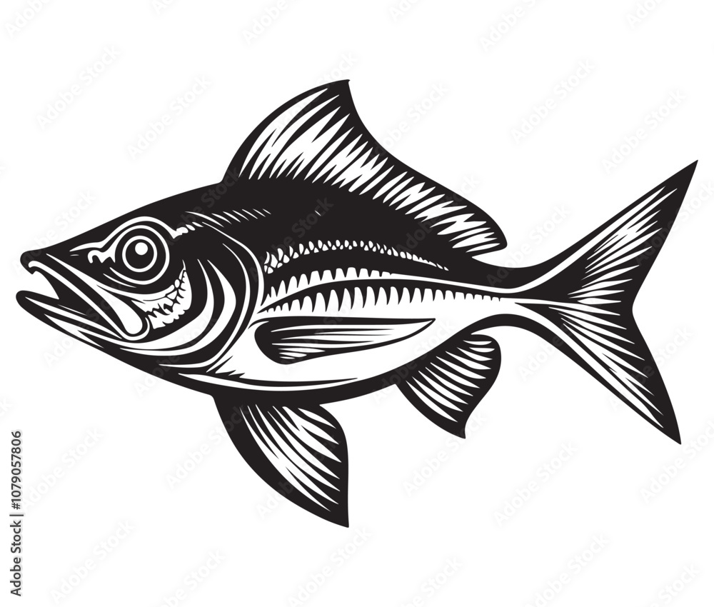 Fototapeta premium Sea cod fish on a white background, Tuna fish silhouette vector illustration, Sea fish silhouette icon