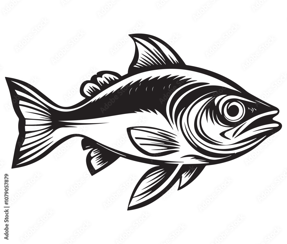 Fototapeta premium Sea cod fish on a white background, Tuna fish silhouette vector illustration, Sea fish silhouette icon