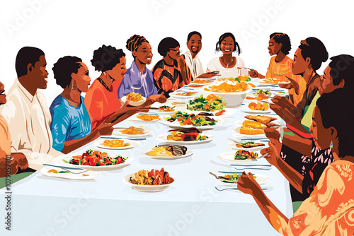 cartoon of family reunion with a big dinner. meeting of a group of black people. family eating happily