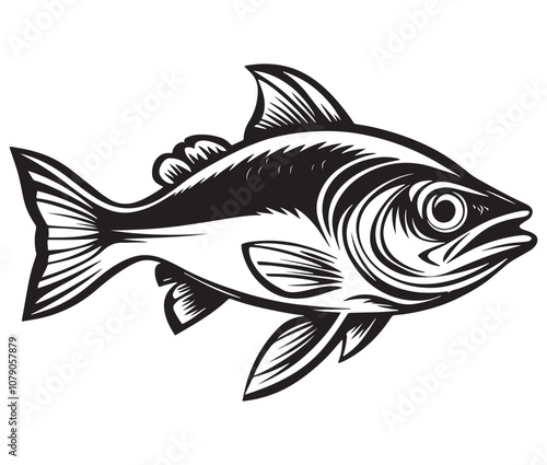Sea cod fish on a white background, Tuna fish silhouette vector illustration, Sea fish silhouette icon