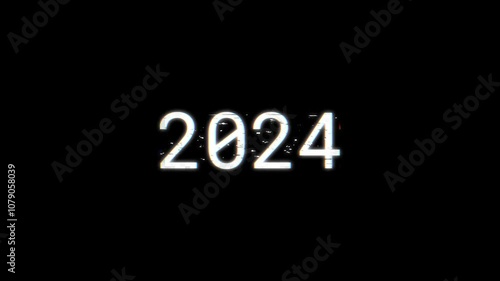 Animated 2024 glitch text on a black background, featuring a dynamic and futuristic glitch effect perfect for a new year celebration theme. Ideal for digital projects that require a modern and edgy lo