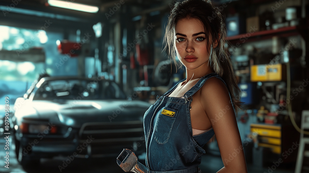 A Young Woman in Overalls Repairs a Classic Car in a Garage, Surrounded by Tools and Equipment During the Late Afternoon Light Filtering Through the Windows A Young Woman in Overalls Repairs a Classic Car in a Garage, Surrounded by Tools and Equipment During the Late Afternoon Light Filtering Through the Windows