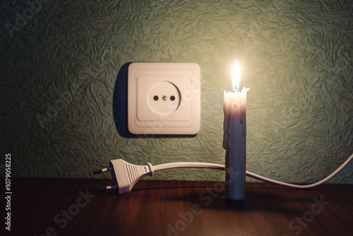 Power outage, candle with socket, power outage - no electricity, lit candle next to socket and plug of electrical socket. Blackout.