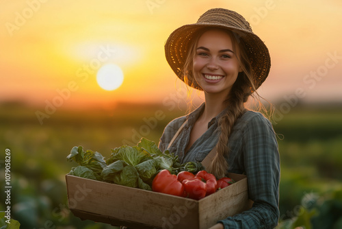 Portrait of a smiling female farmer holding a box of vegetables at sunset in nature.