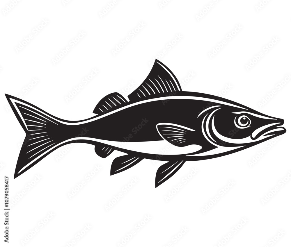Sea cod fish on a white background, Tuna fish silhouette vector illustration, Sea fish silhouette icon Sea cod fish on a white background, Tuna fish silhouette vector illustration, Sea fish silhouette icon