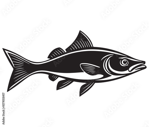 Sea cod fish on a white background, Tuna fish silhouette vector illustration, Sea fish silhouette icon
