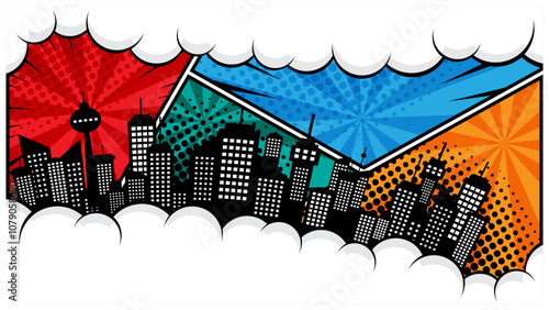 silhouette cityscape horizontal comic speech bubble in white cloud on a vibrant pop art background flat design