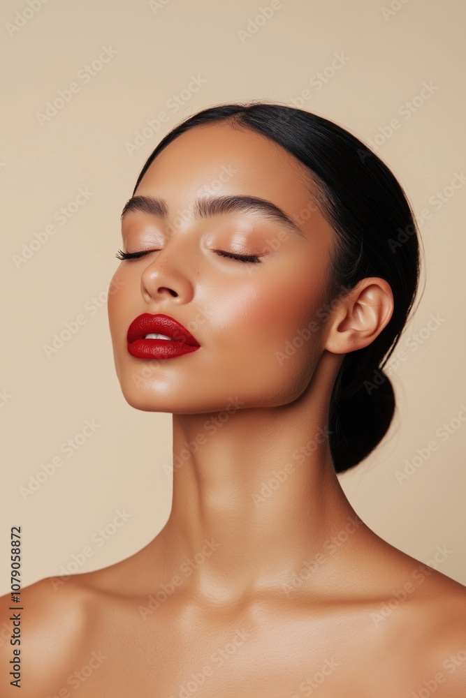 A woman with red lipstick and a black ponytail. She has a very clean and simple look A woman with red lipstick and a black ponytail. She has a very clean and simple look