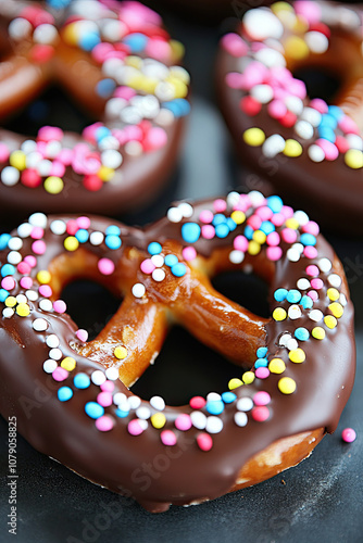 A close-up of a chocolate-covered pretzel with sprinkles photo