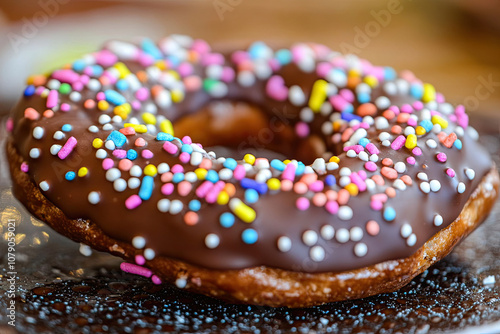 A close-up of a chocolate-covered pretzel with sprinkles photo