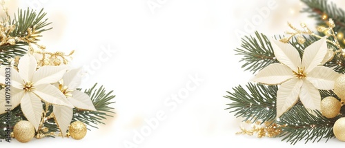 A white and gold flower arrangement with a green tree branch