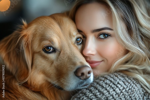 Blonde Woman and Golden Retriever Sharing a Look of Love