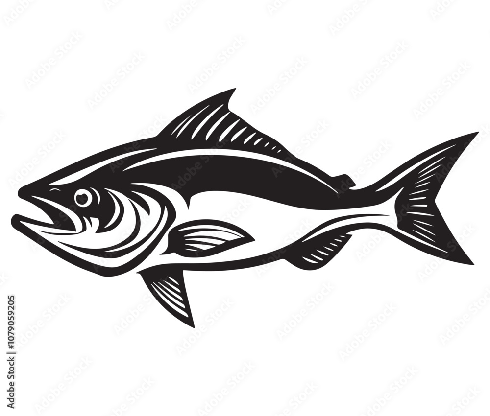 Sea cod fish on a white background, Tuna fish silhouette vector illustration, Sea fish silhouette icon Sea cod fish on a white background, Tuna fish silhouette vector illustration, Sea fish silhouette icon