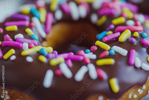 A close-up of a chocolate-covered pretzel with sprinkles photo