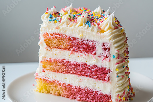 A big slice of cake with multiple layers and rich frosting photo