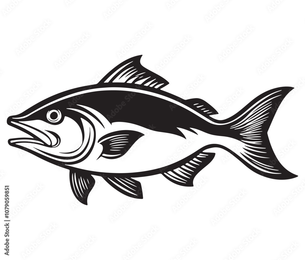 Sea cod fish on a white background, Tuna fish silhouette vector illustration, Sea fish silhouette icon Sea cod fish on a white background, Tuna fish silhouette vector illustration, Sea fish silhouette icon