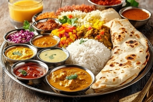 Traditional Indian Thali with Assorted Curries, Rice, Naan, and Vibrant Side Dishes on a Metal Platter