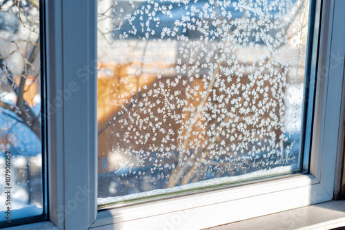 Ice pattern on winter glass. Frost on the window. Frozen window with snowflakes. Beautiful frost pattern on the window. Delicate frost pattern on the window glass